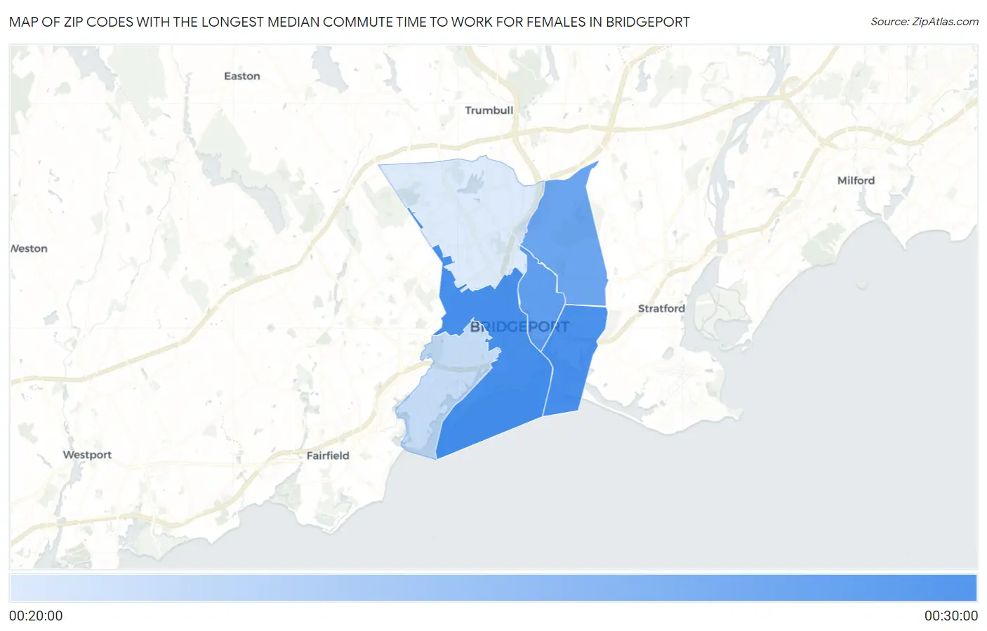 Zip Codes with the Longest Median Commute Time to Work for Females in Bridgeport Map