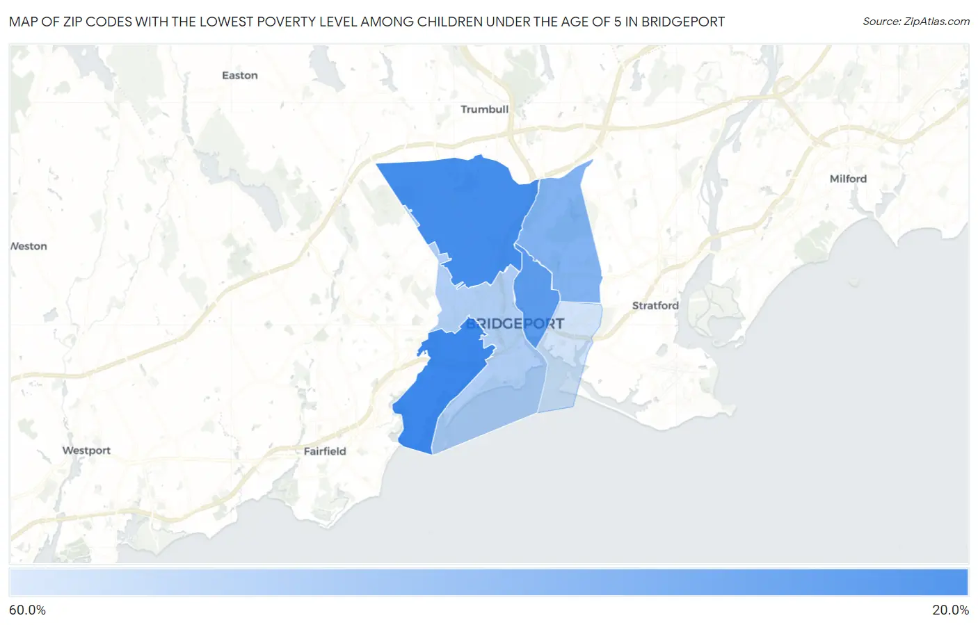 Zip Codes with the Lowest Poverty Level Among Children Under the Age of 5 in Bridgeport Map