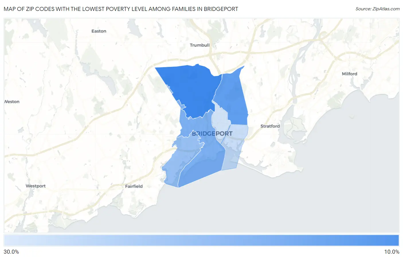 Zip Codes with the Lowest Poverty Level Among Families in Bridgeport Map