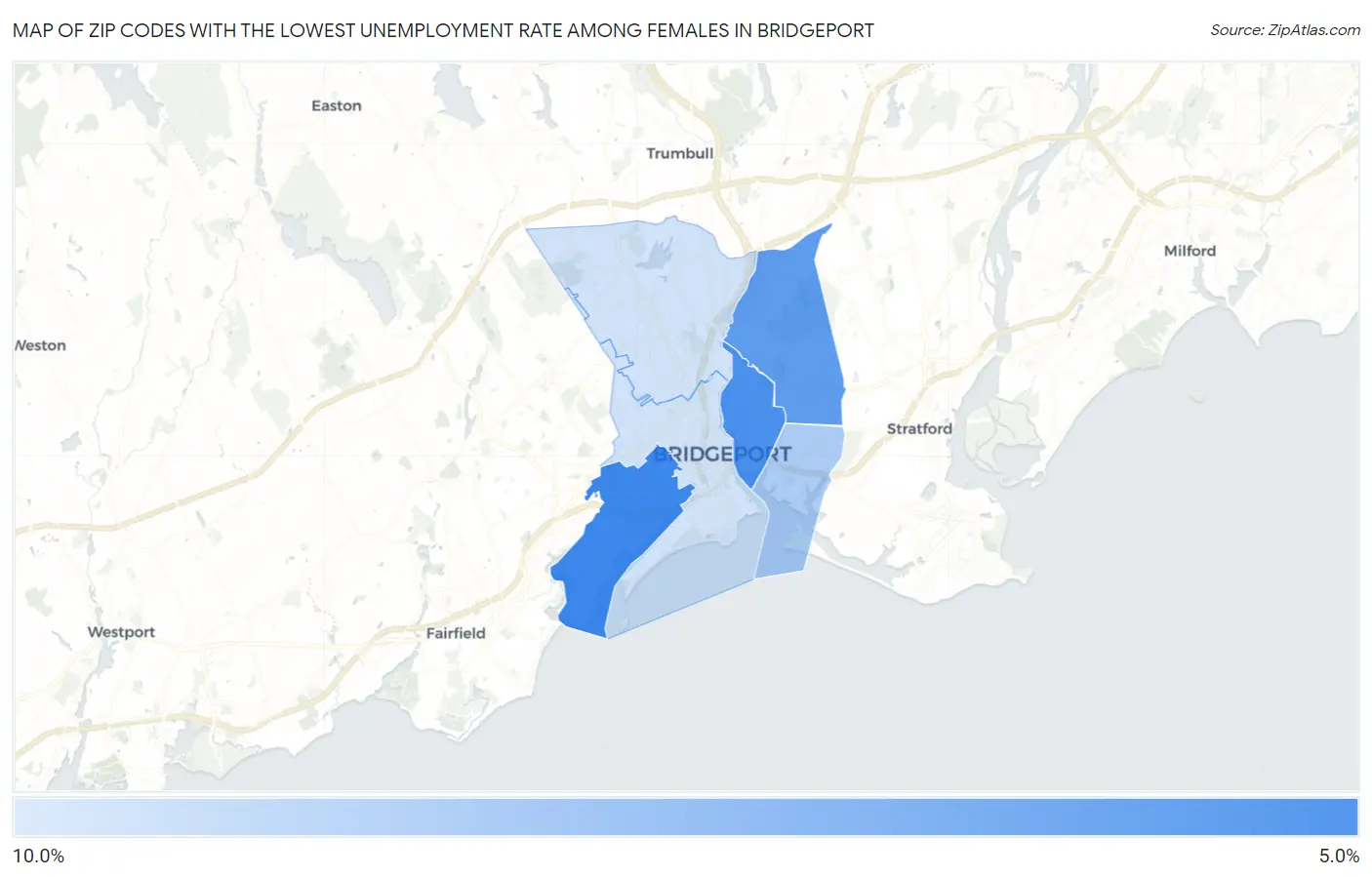 Zip Codes with the Lowest Unemployment Rate Among Females in Bridgeport Map