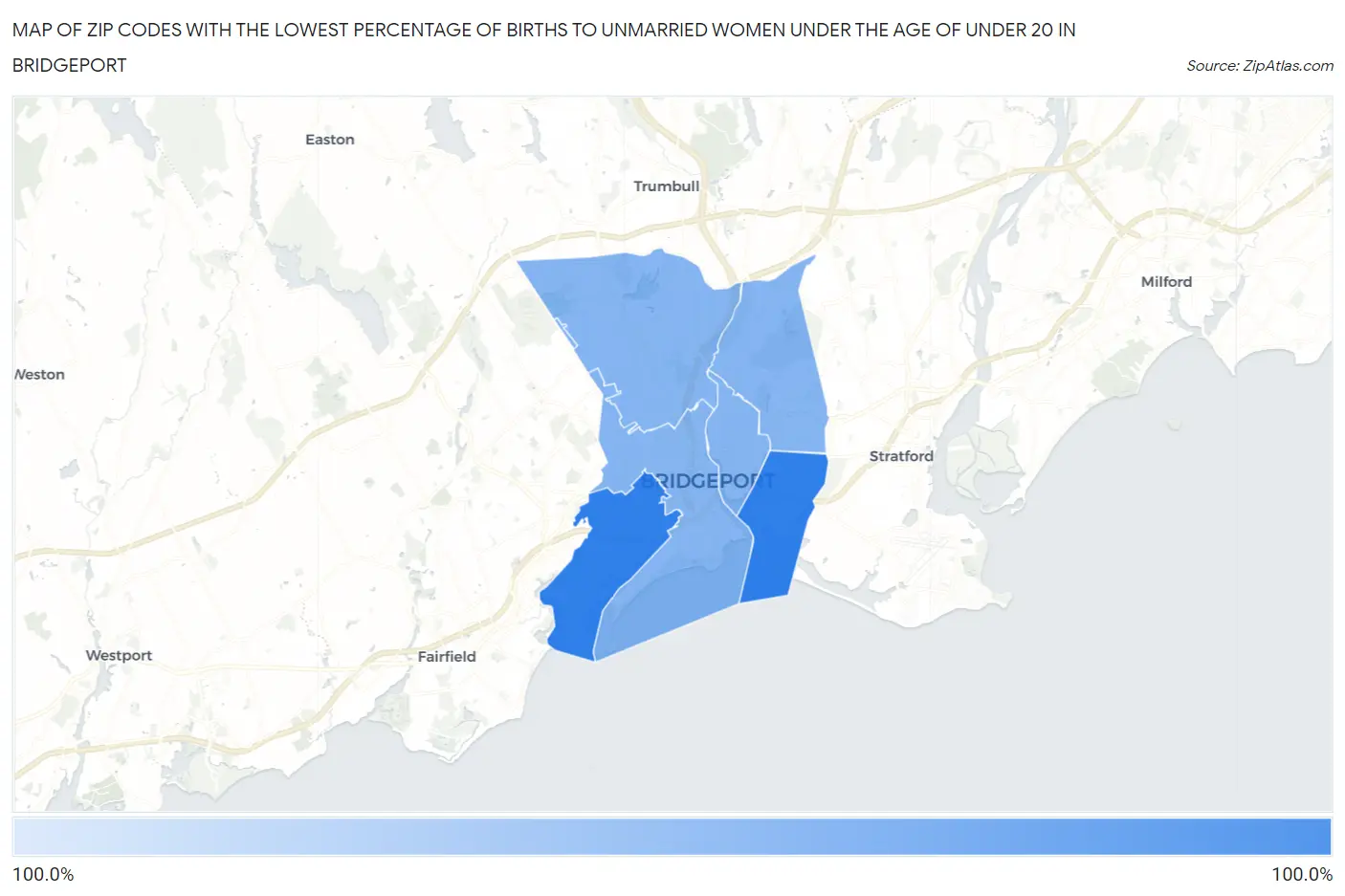 Zip Codes with the Lowest Percentage of Births to Unmarried Women under the Age of under 20 in Bridgeport Map