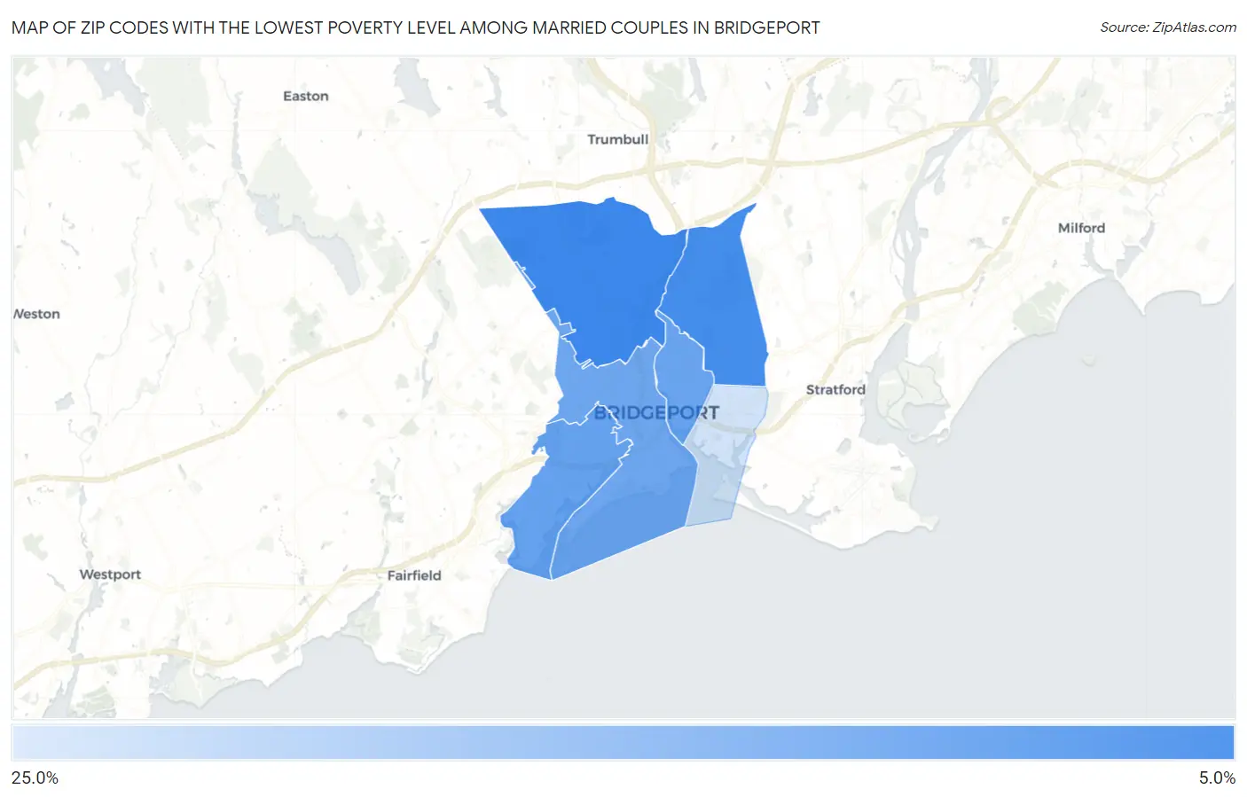 Zip Codes with the Lowest Poverty Level Among Married Couples in Bridgeport Map