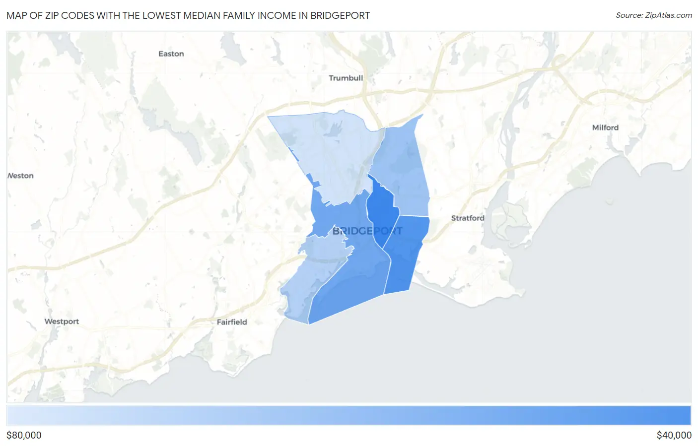 Zip Codes with the Lowest Median Family Income in Bridgeport Map