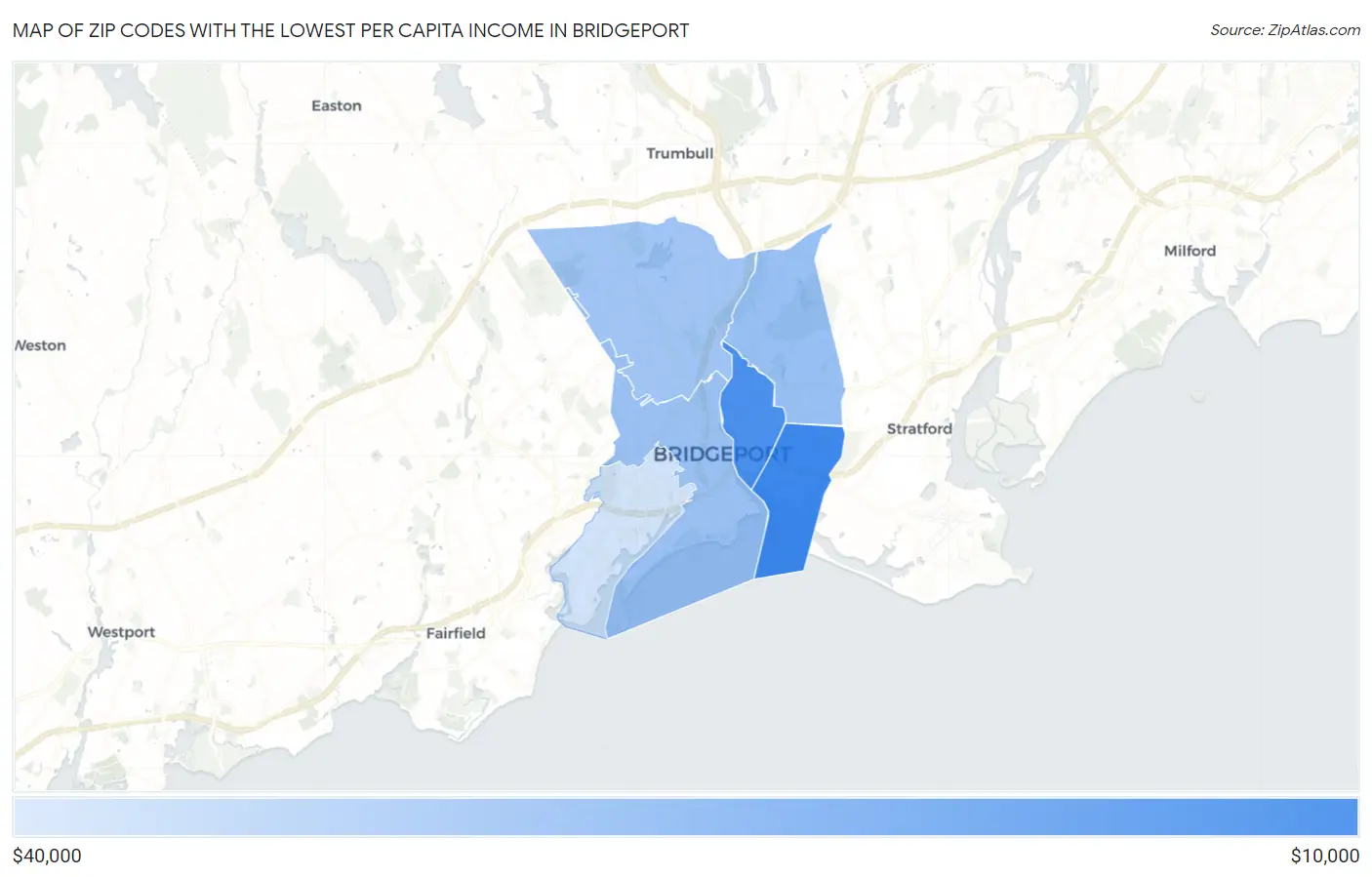 Zip Codes with the Lowest Per Capita Income in Bridgeport Map