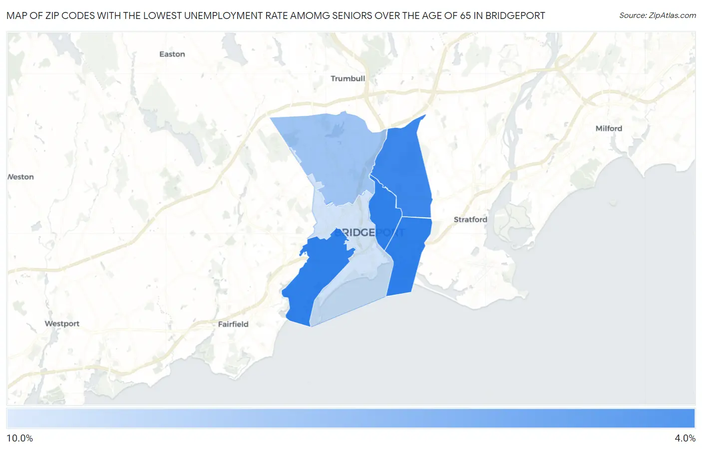 Zip Codes with the Lowest Unemployment Rate Amomg Seniors Over the Age of 65 in Bridgeport Map