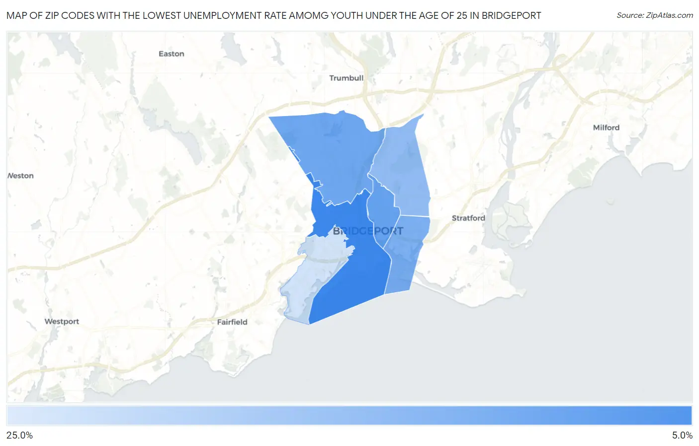 Zip Codes with the Lowest Unemployment Rate Amomg Youth Under the Age of 25 in Bridgeport Map