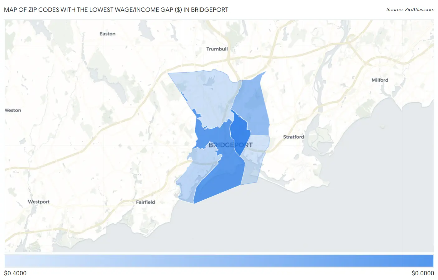 Zip Codes with the Lowest Wage/Income Gap ($) in Bridgeport Map