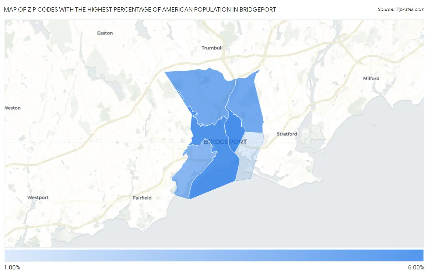 Zip Codes with the Highest Percentage of American Population in Bridgeport Map