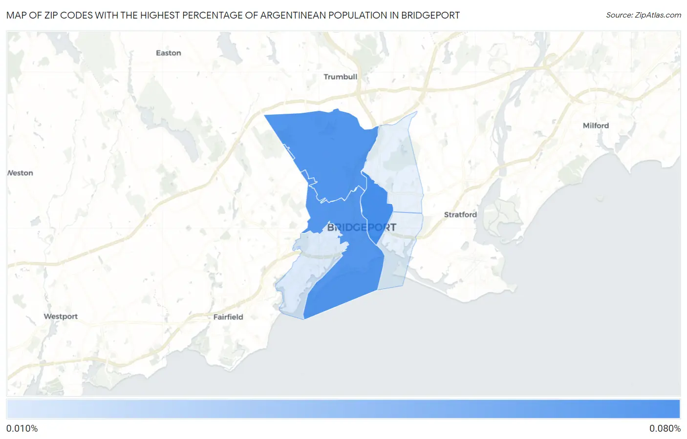 Zip Codes with the Highest Percentage of Argentinean Population in Bridgeport Map