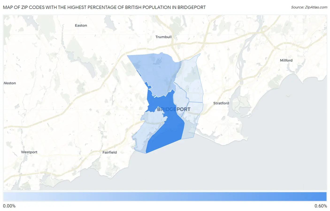 Zip Codes with the Highest Percentage of British Population in Bridgeport Map
