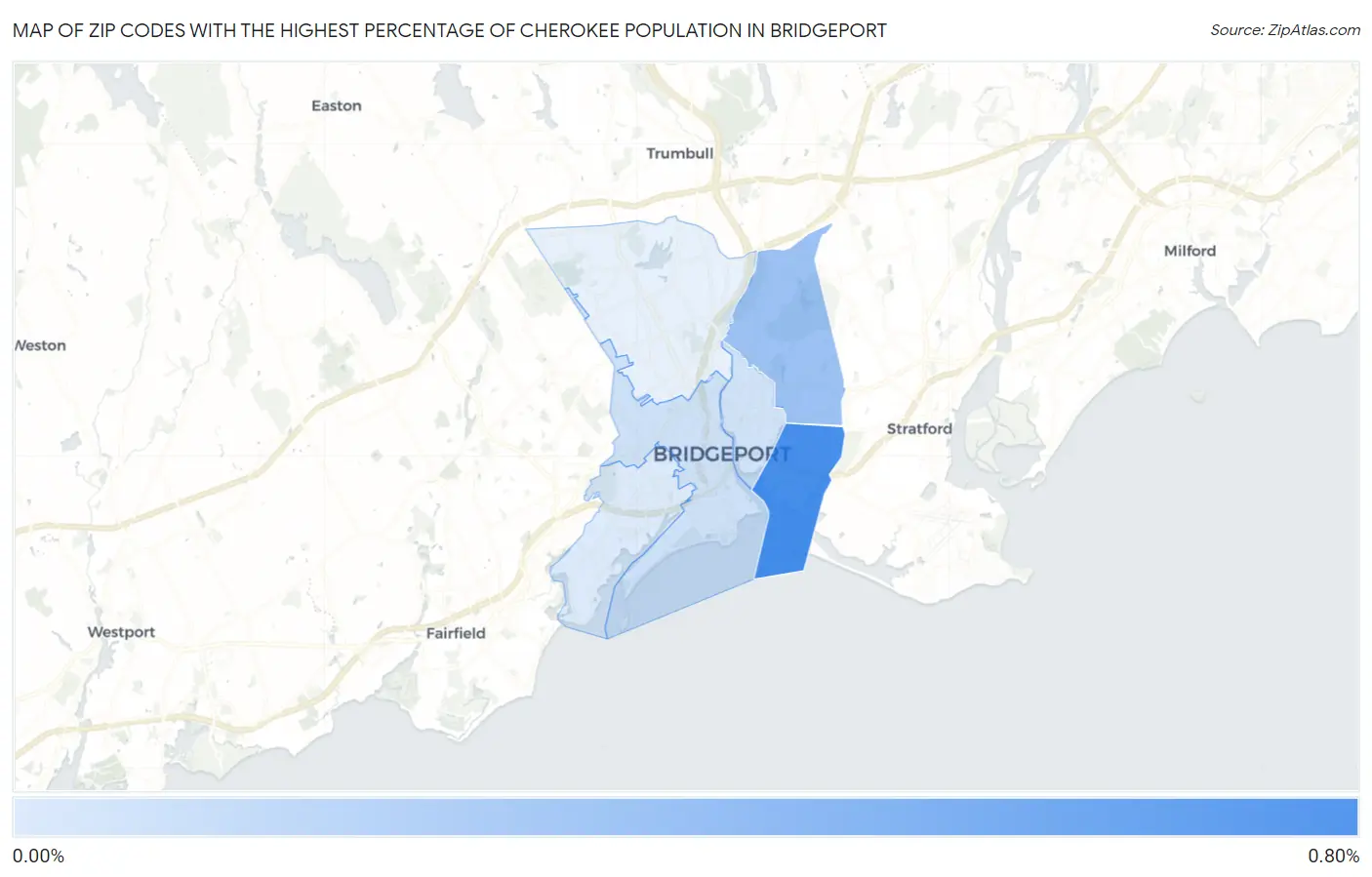 Zip Codes with the Highest Percentage of Cherokee Population in Bridgeport Map