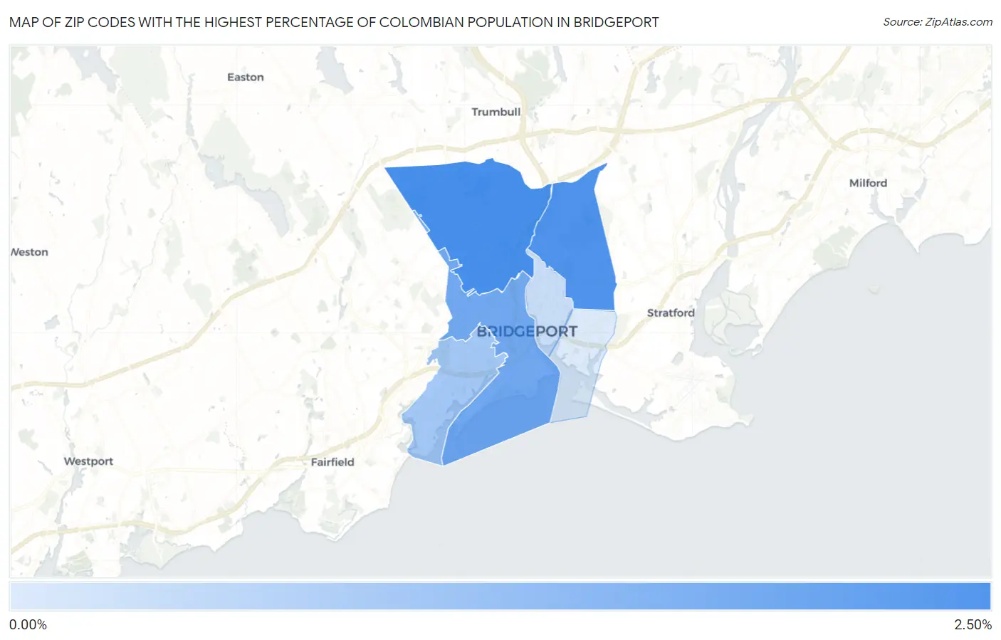 Zip Codes with the Highest Percentage of Colombian Population in Bridgeport Map