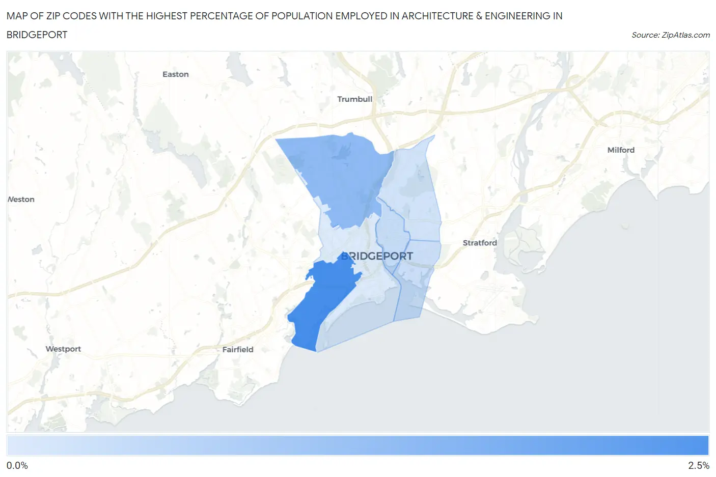 Zip Codes with the Highest Percentage of Population Employed in Architecture & Engineering in Bridgeport Map