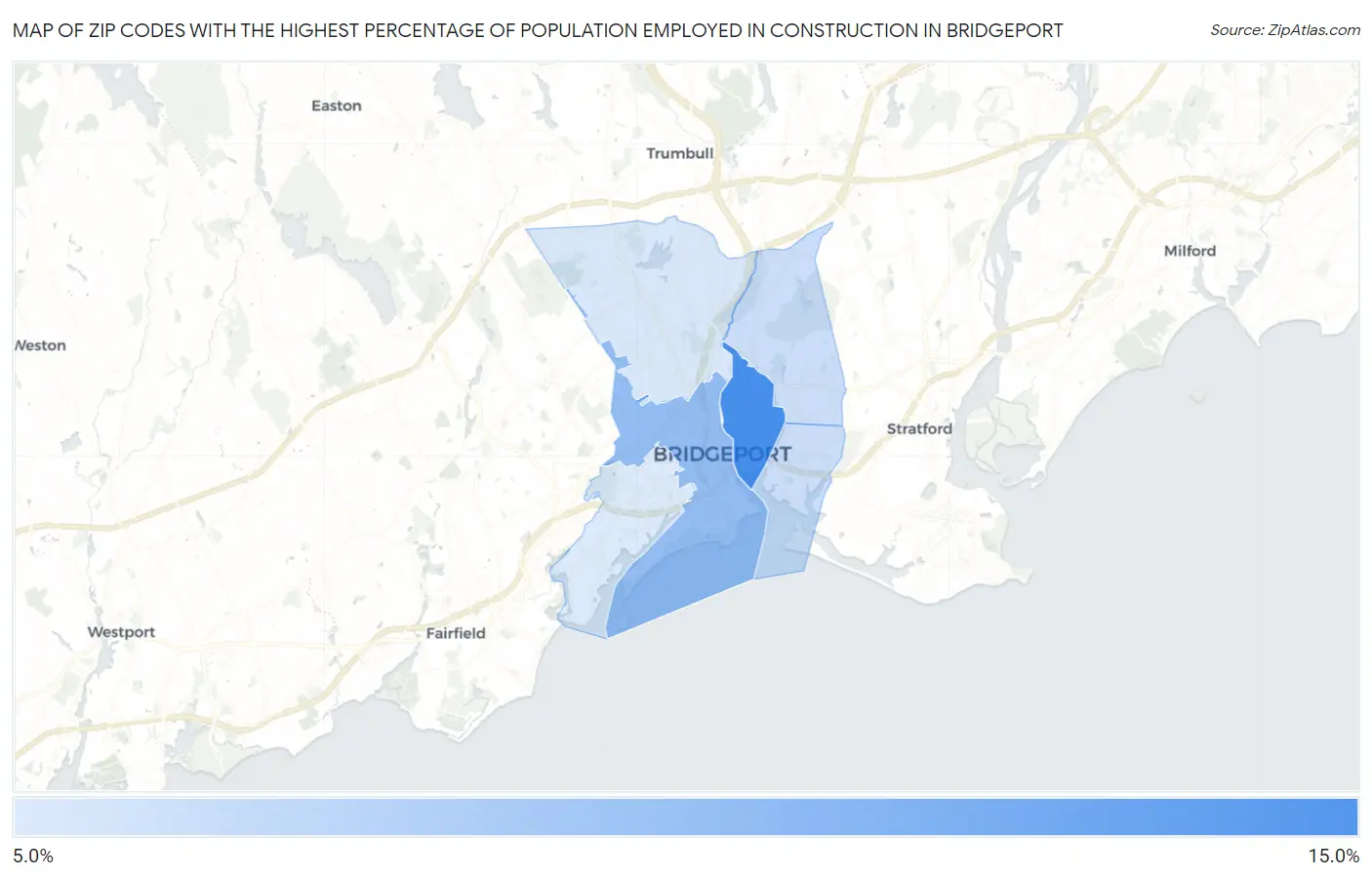 Zip Codes with the Highest Percentage of Population Employed in Construction in Bridgeport Map