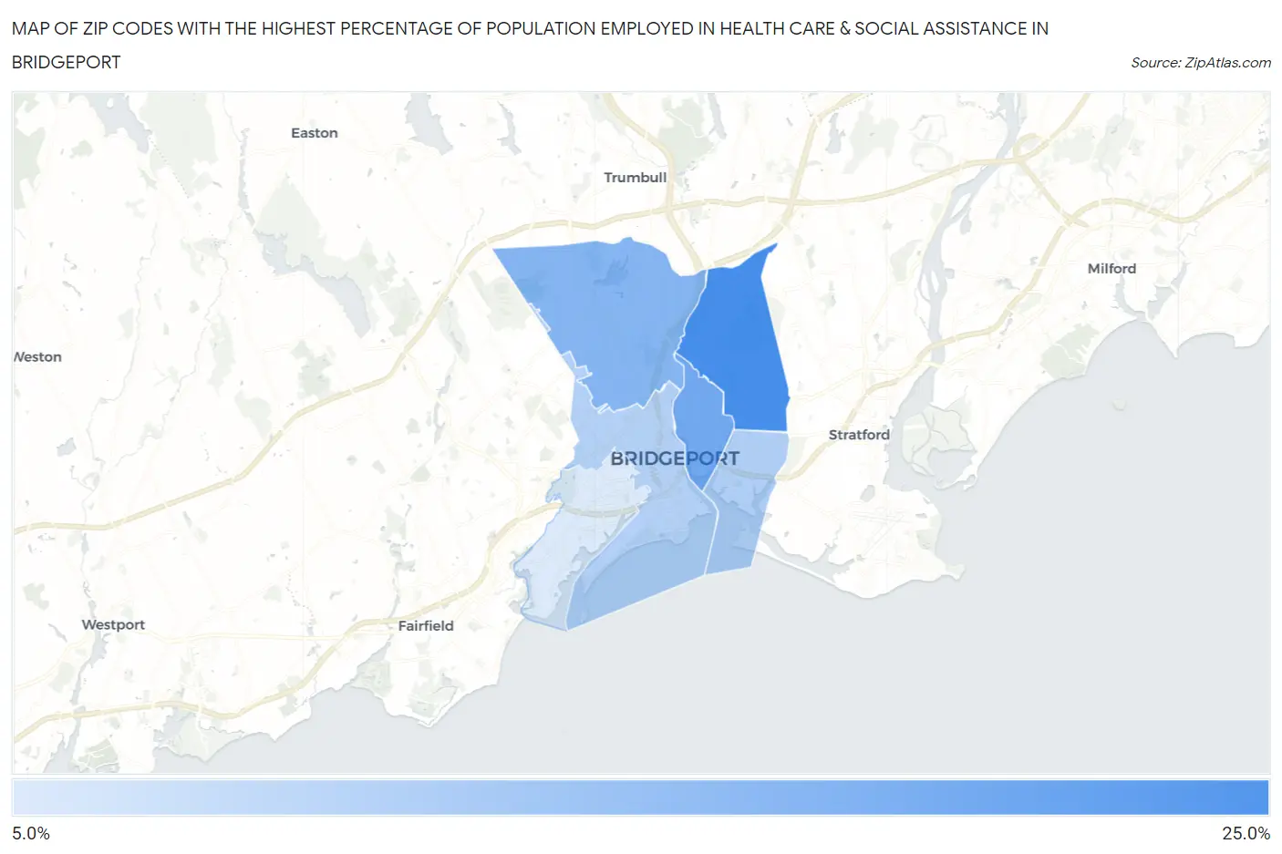 Zip Codes with the Highest Percentage of Population Employed in Health Care & Social Assistance in Bridgeport Map