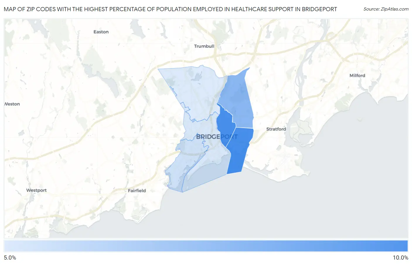 Zip Codes with the Highest Percentage of Population Employed in Healthcare Support in Bridgeport Map