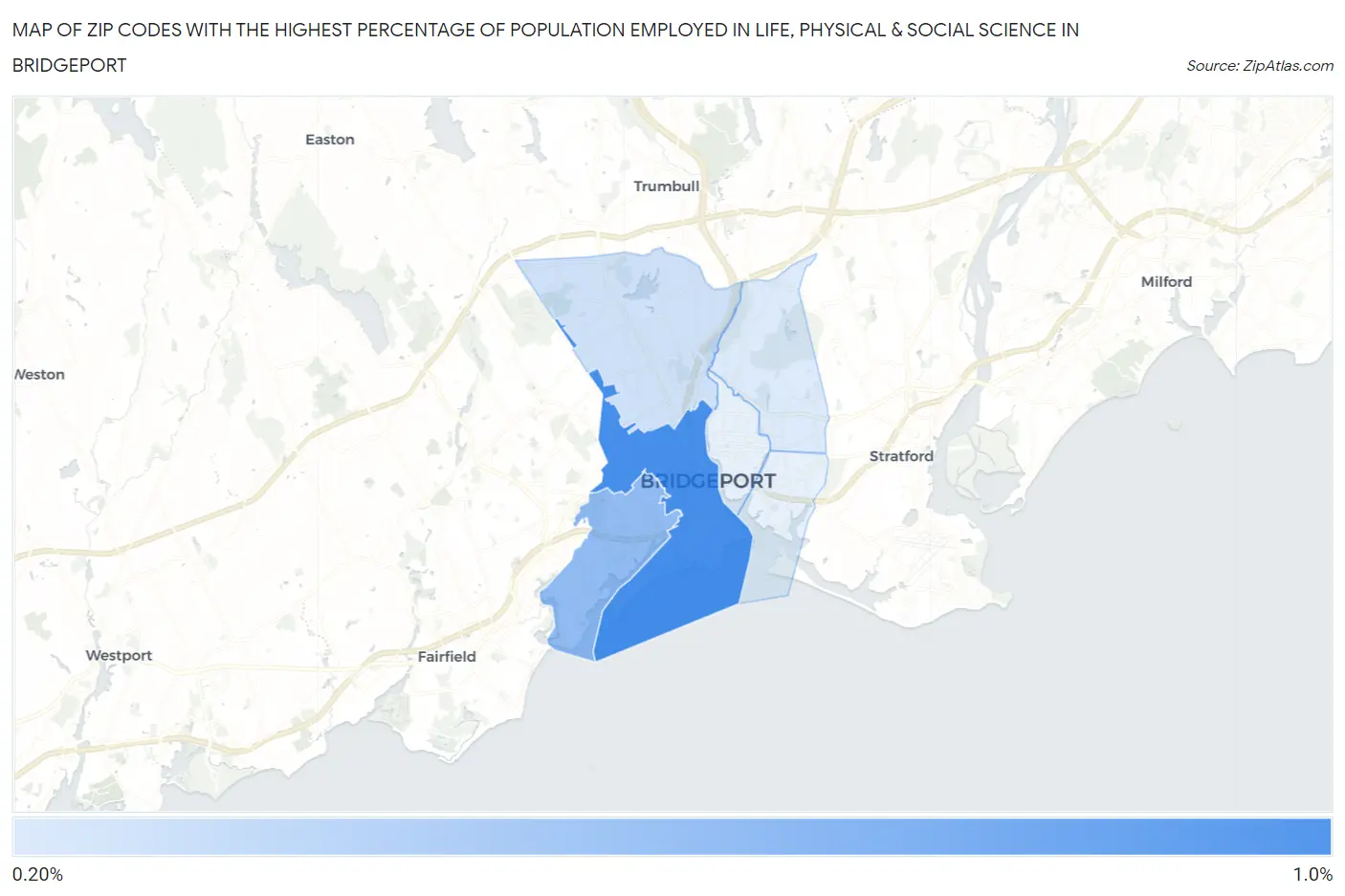 Zip Codes with the Highest Percentage of Population Employed in Life, Physical & Social Science in Bridgeport Map