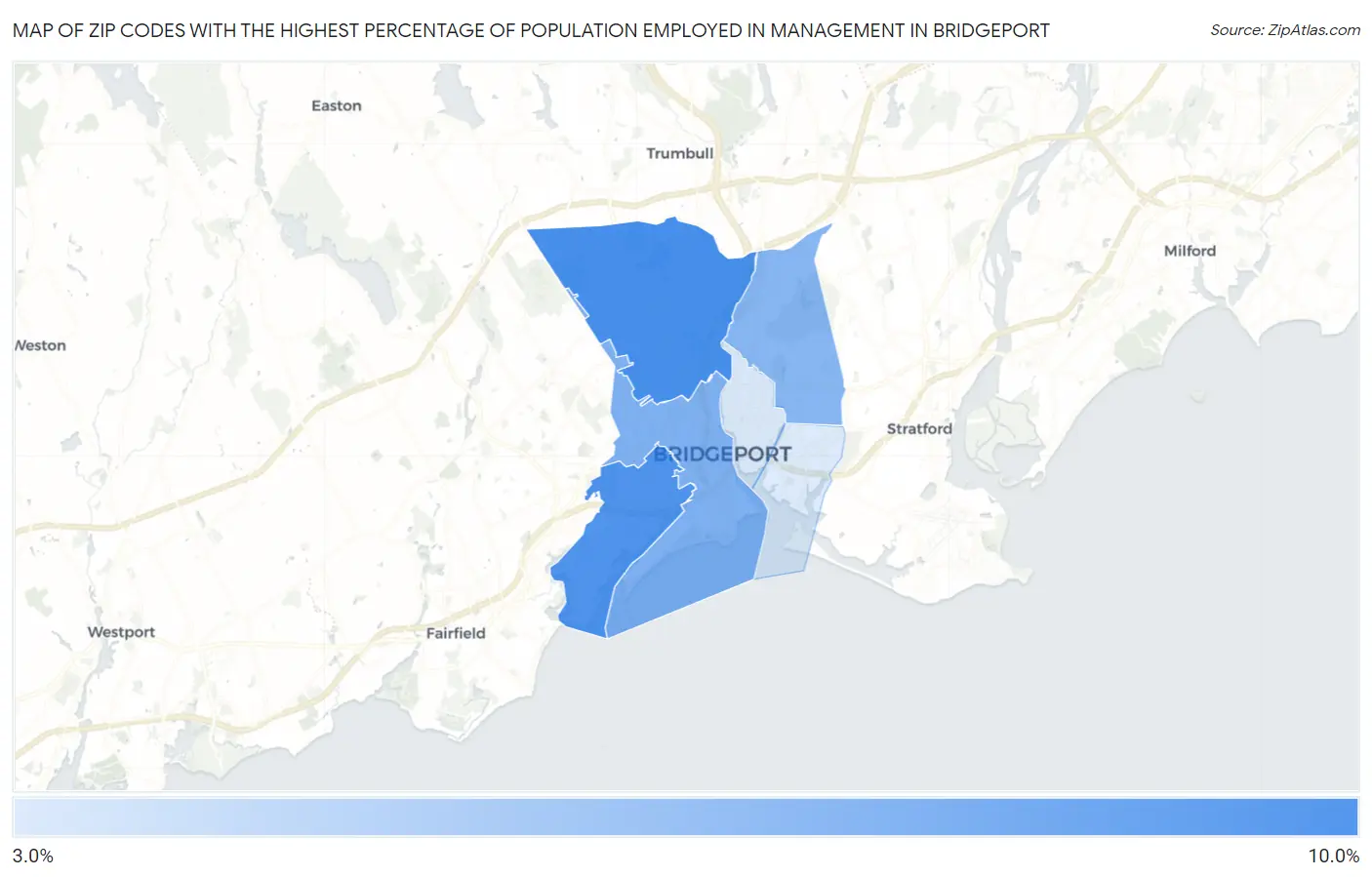Zip Codes with the Highest Percentage of Population Employed in Management in Bridgeport Map