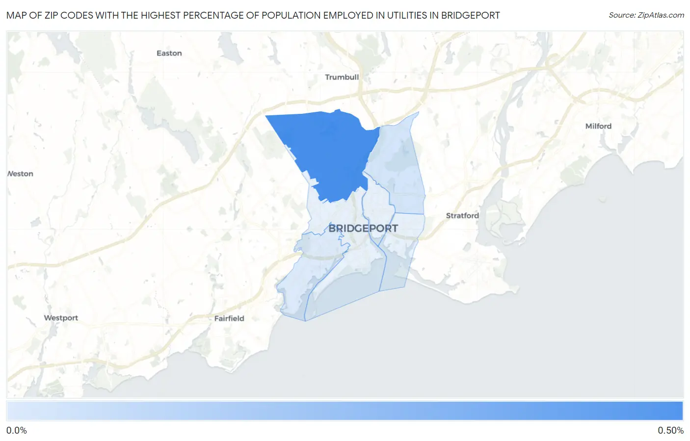 Zip Codes with the Highest Percentage of Population Employed in Utilities in Bridgeport Map