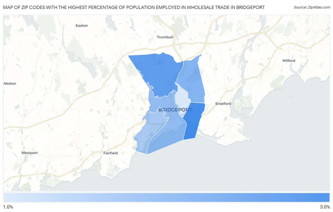 Zip Codes with the Highest Percentage of Population Employed in Wholesale Trade in Bridgeport Map