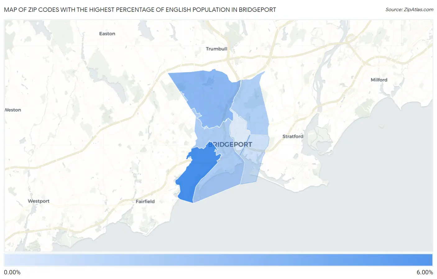 Zip Codes with the Highest Percentage of English Population in Bridgeport Map