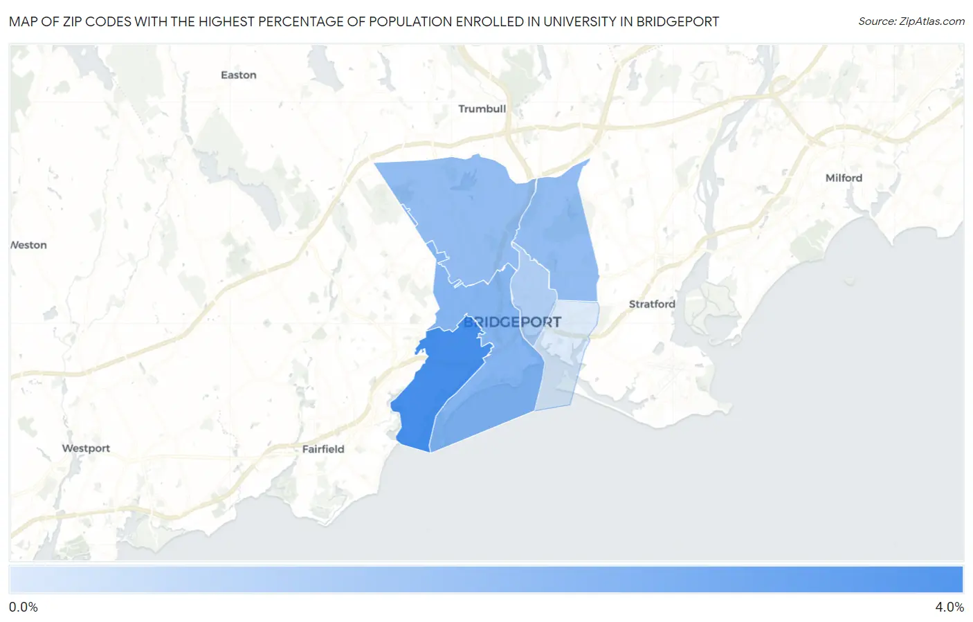Zip Codes with the Highest Percentage of Population Enrolled in University in Bridgeport Map