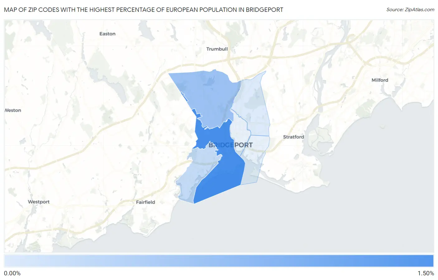 Zip Codes with the Highest Percentage of European Population in Bridgeport Map
