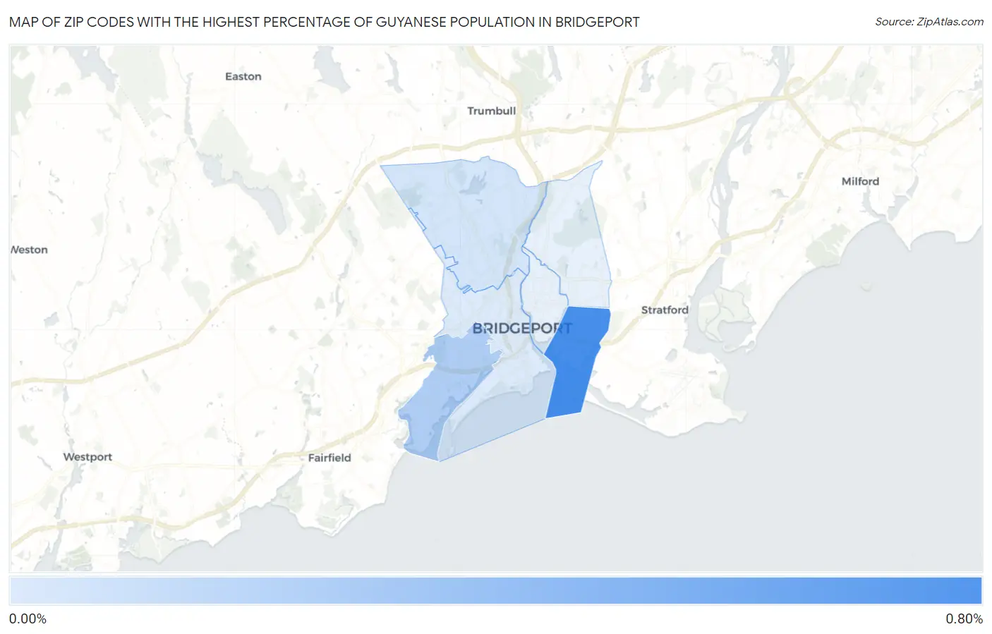 Zip Codes with the Highest Percentage of Guyanese Population in Bridgeport Map