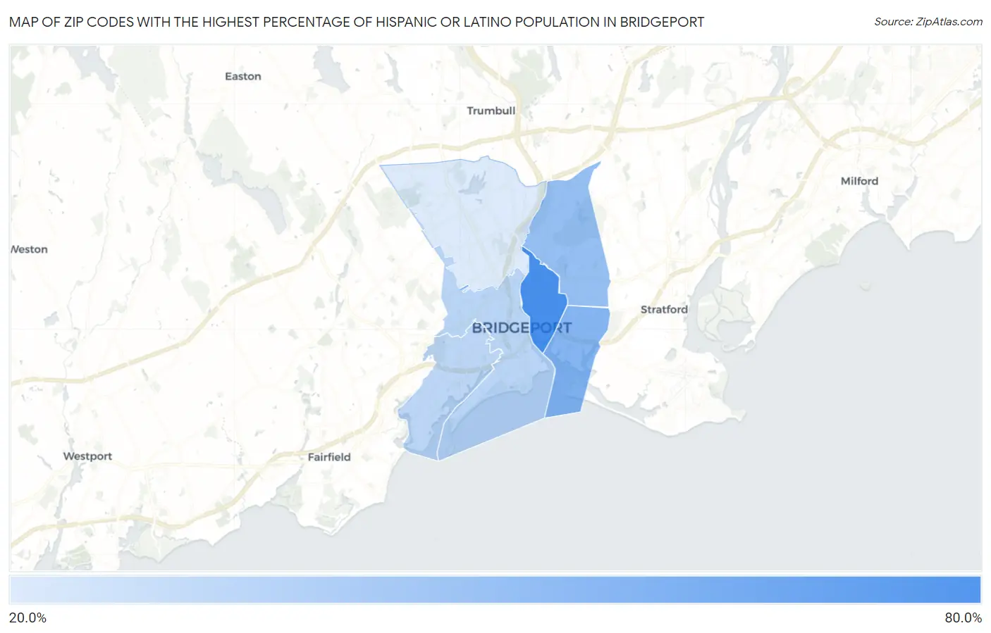 Zip Codes with the Highest Percentage of Hispanic or Latino Population in Bridgeport Map