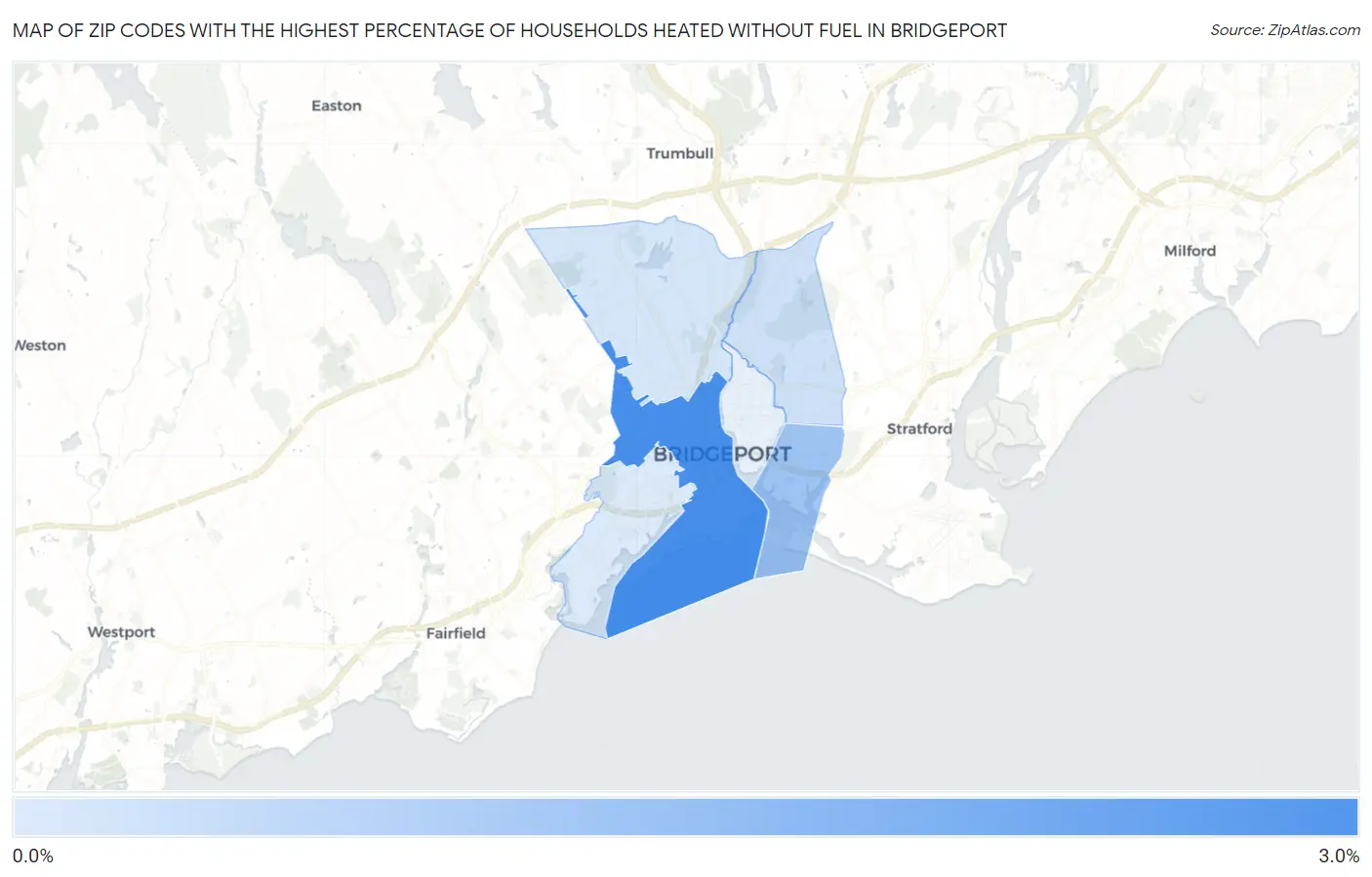 Zip Codes with the Highest Percentage of Households Heated without Fuel in Bridgeport Map