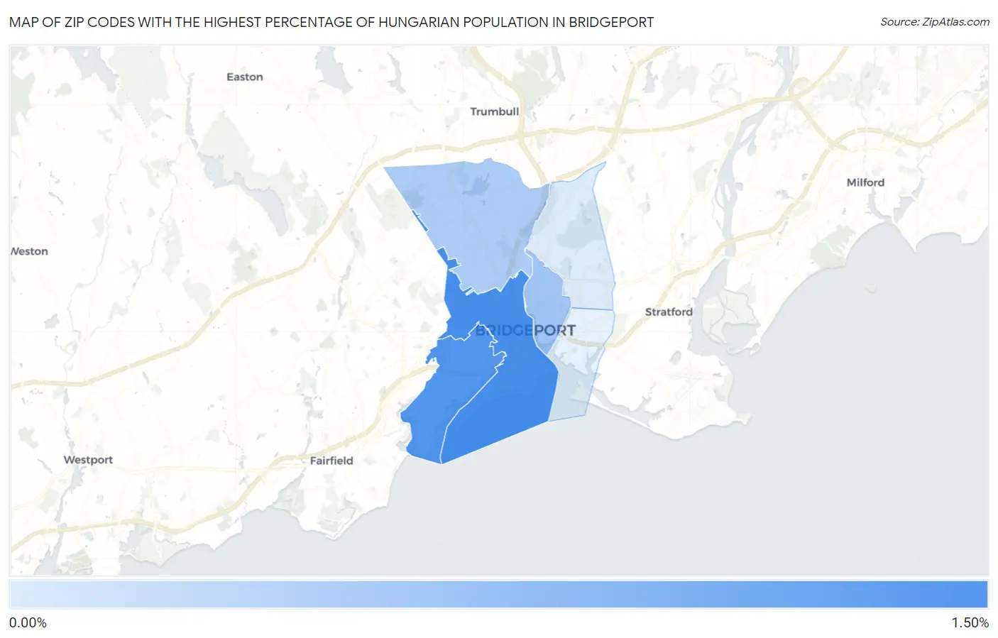 Zip Codes with the Highest Percentage of Hungarian Population in Bridgeport Map