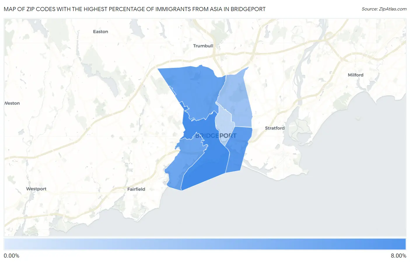 Zip Codes with the Highest Percentage of Immigrants from Asia in Bridgeport Map