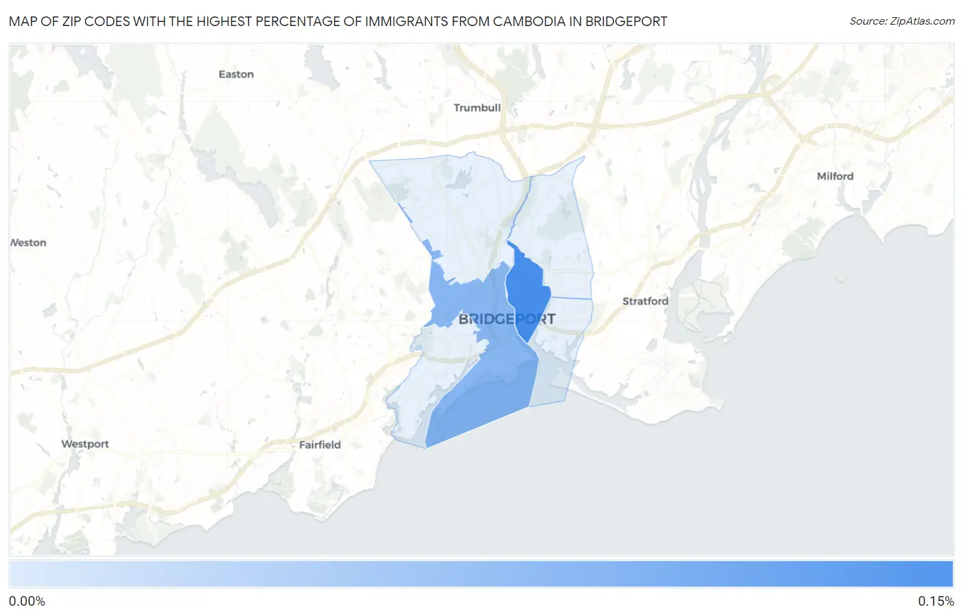 Zip Codes with the Highest Percentage of Immigrants from Cambodia in Bridgeport Map