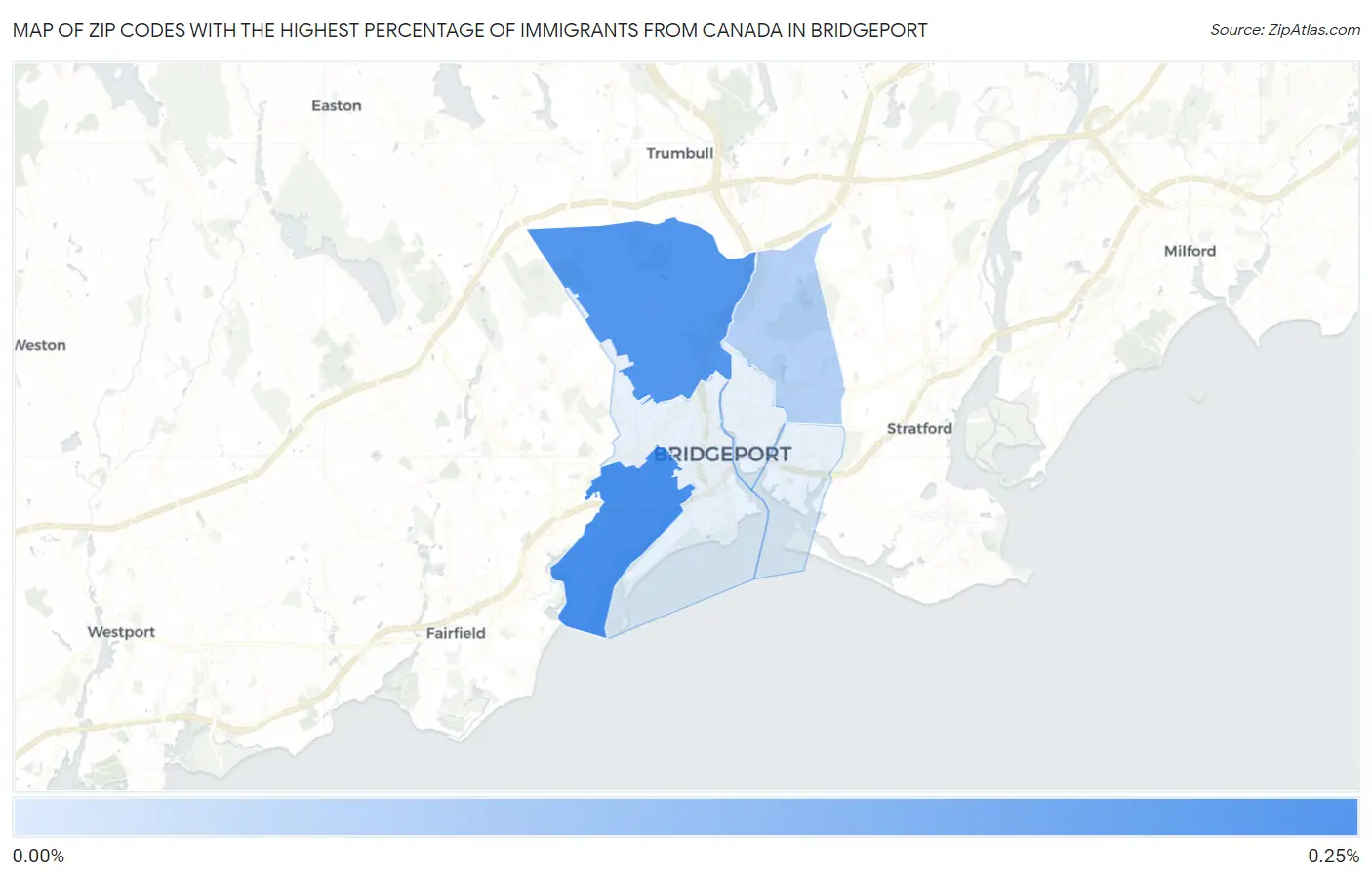 Zip Codes with the Highest Percentage of Immigrants from Canada in Bridgeport Map