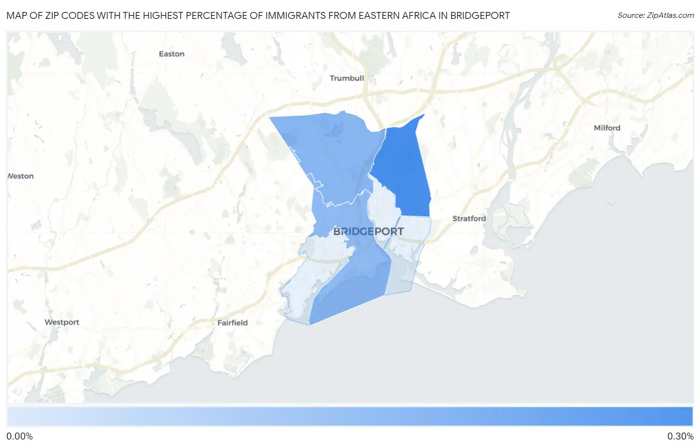 Zip Codes with the Highest Percentage of Immigrants from Eastern Africa in Bridgeport Map