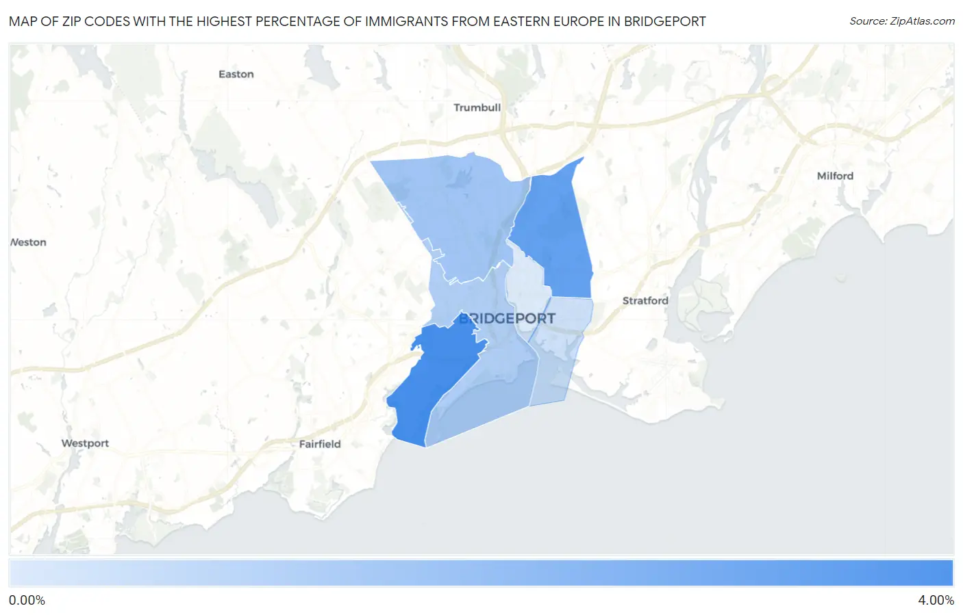 Zip Codes with the Highest Percentage of Immigrants from Eastern Europe in Bridgeport Map