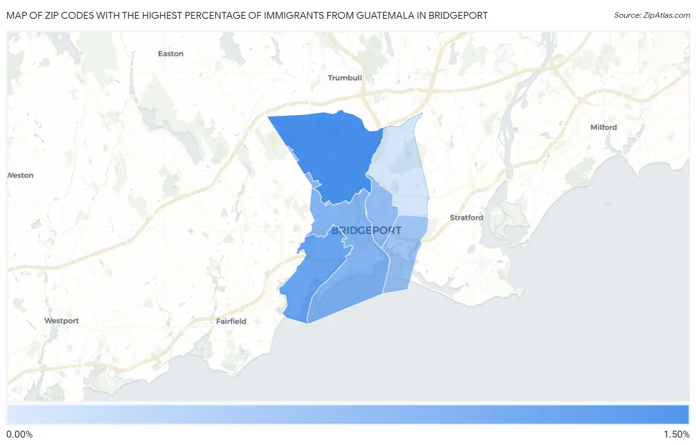 Zip Codes with the Highest Percentage of Immigrants from Guatemala in Bridgeport Map