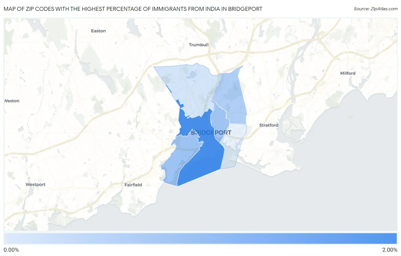 Zip Codes with the Highest Percentage of Immigrants from India in Bridgeport Map