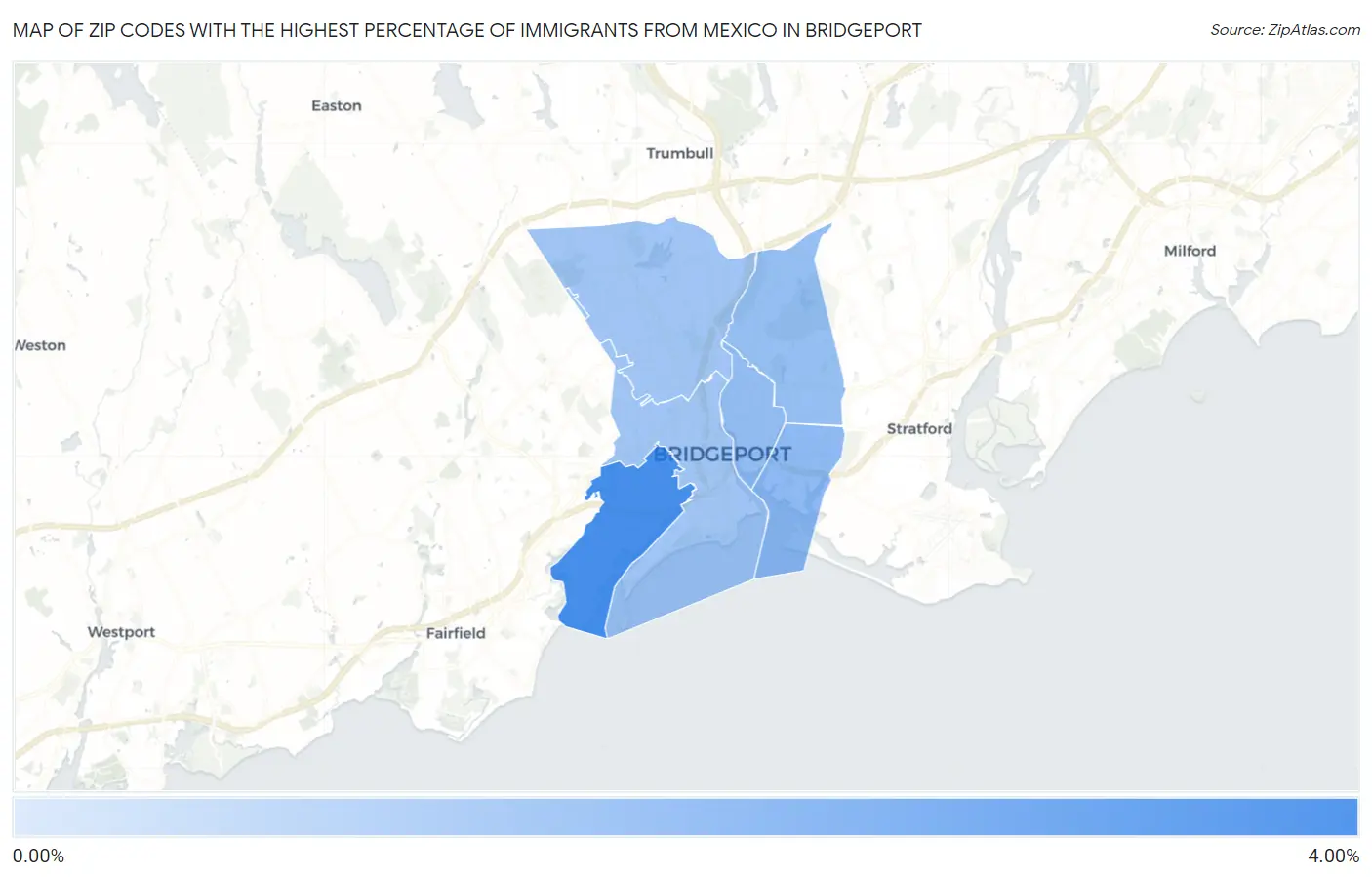 Zip Codes with the Highest Percentage of Immigrants from Mexico in Bridgeport Map