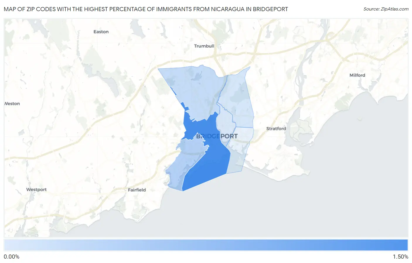 Zip Codes with the Highest Percentage of Immigrants from Nicaragua in Bridgeport Map
