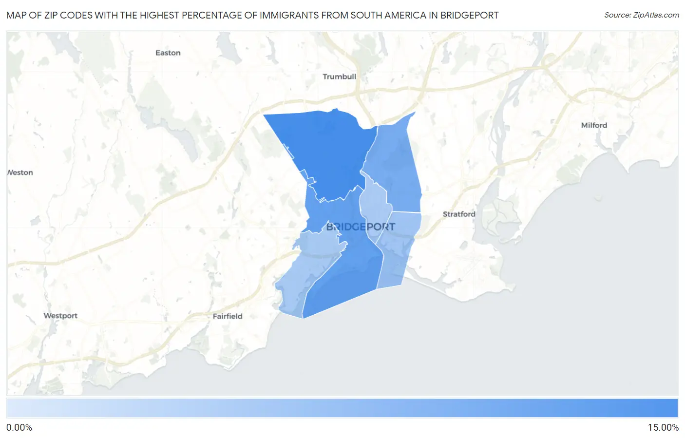 Zip Codes with the Highest Percentage of Immigrants from South America in Bridgeport Map