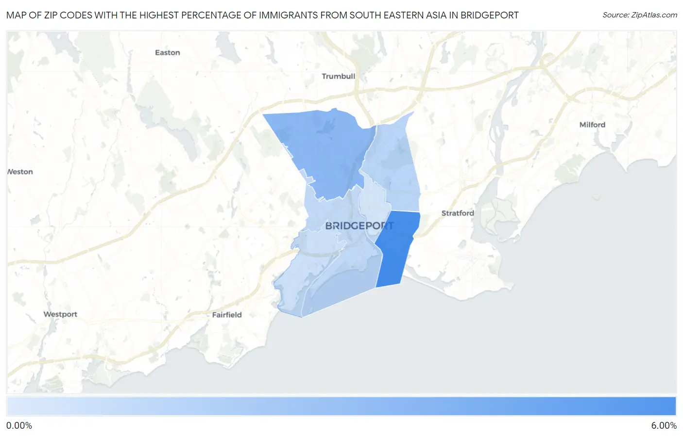 Zip Codes with the Highest Percentage of Immigrants from South Eastern Asia in Bridgeport Map