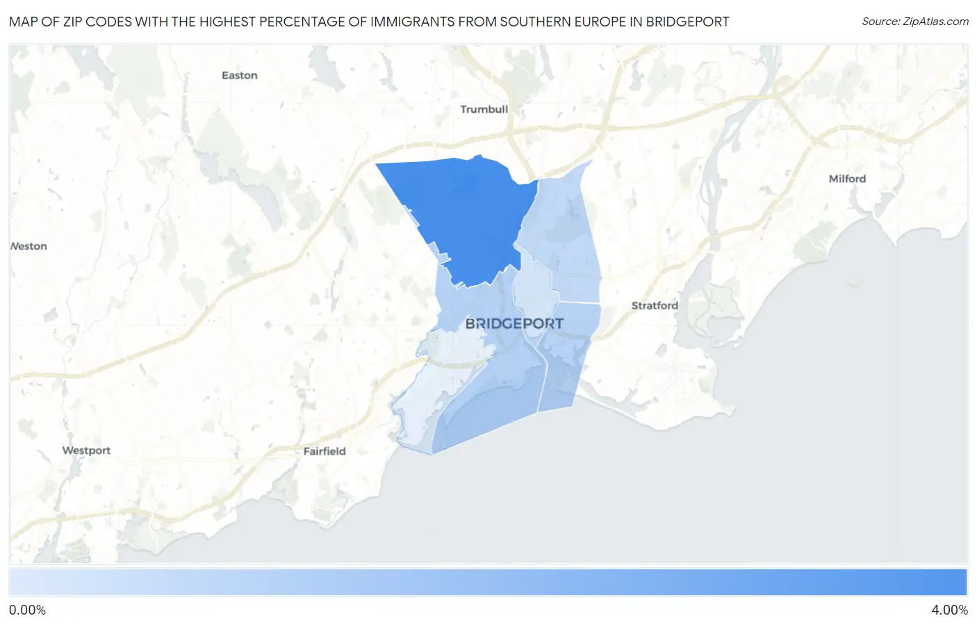 Zip Codes with the Highest Percentage of Immigrants from Southern Europe in Bridgeport Map