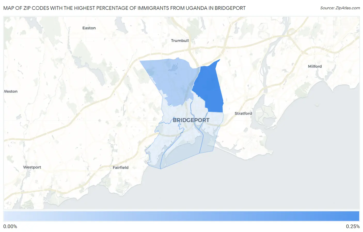 Zip Codes with the Highest Percentage of Immigrants from Uganda in Bridgeport Map