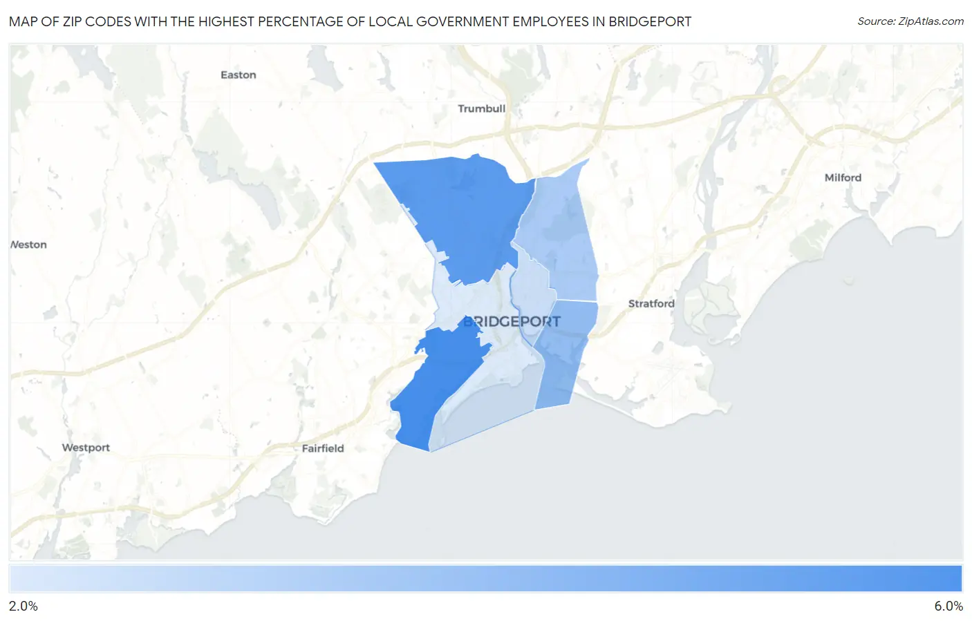 Zip Codes with the Highest Percentage of Local Government Employees in Bridgeport Map