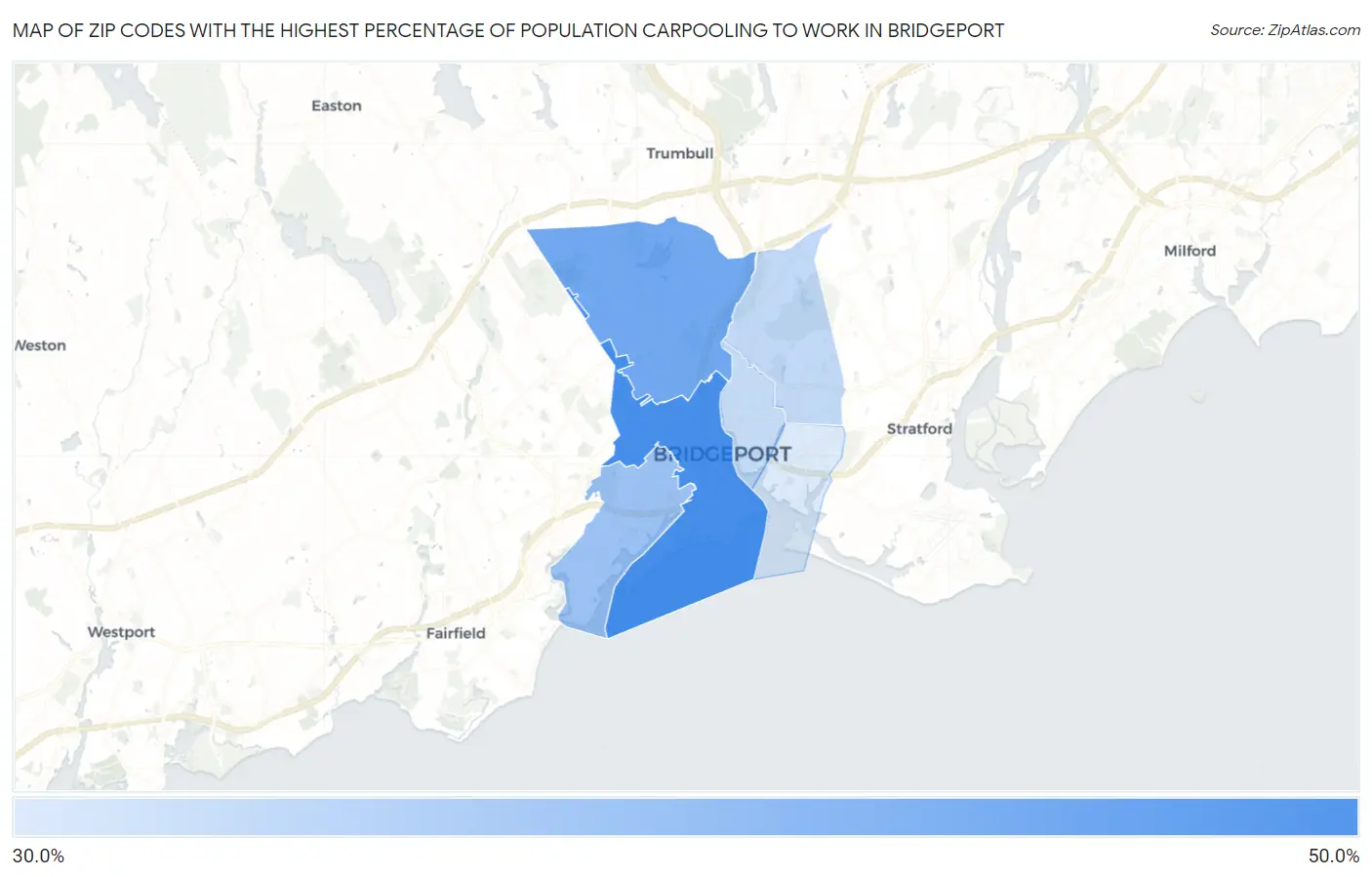 Zip Codes with the Highest Percentage of Population Carpooling to Work in Bridgeport Map
