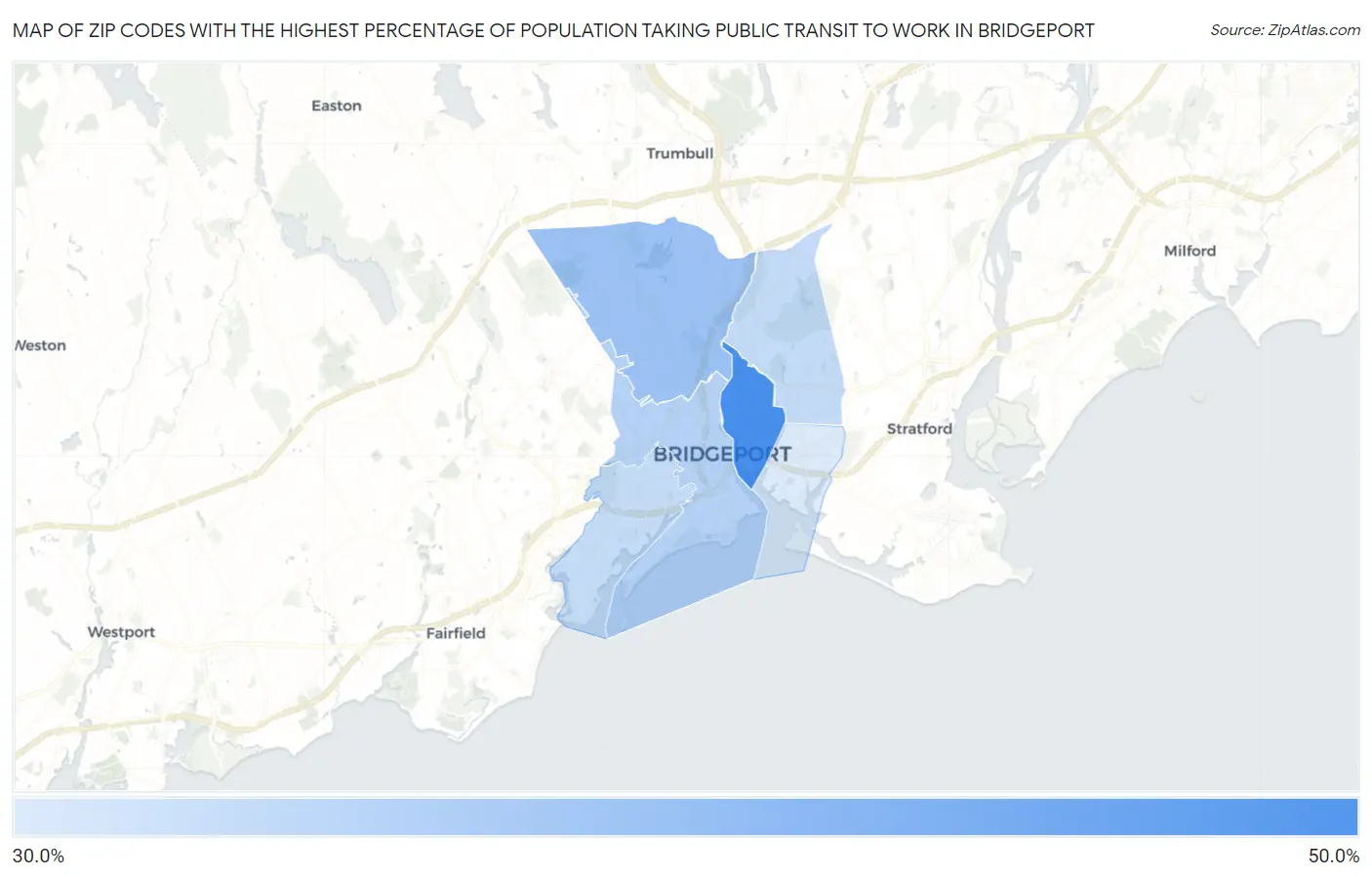 Zip Codes with the Highest Percentage of Population Taking Public Transit to Work in Bridgeport Map