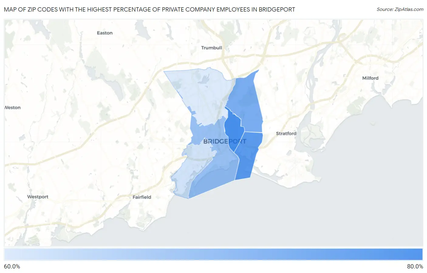 Zip Codes with the Highest Percentage of Private Company Employees in Bridgeport Map