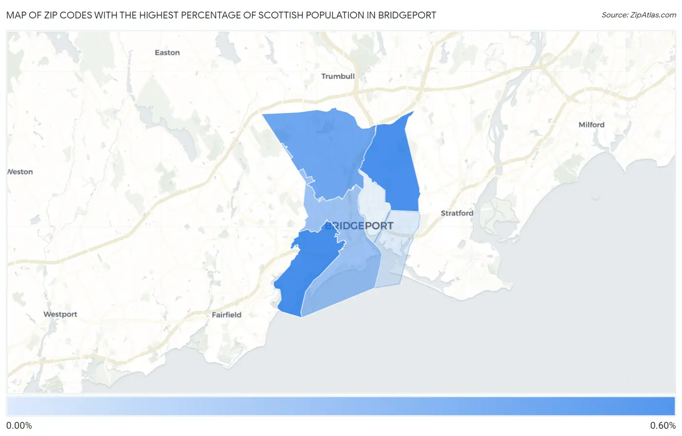 Zip Codes with the Highest Percentage of Scottish Population in Bridgeport Map