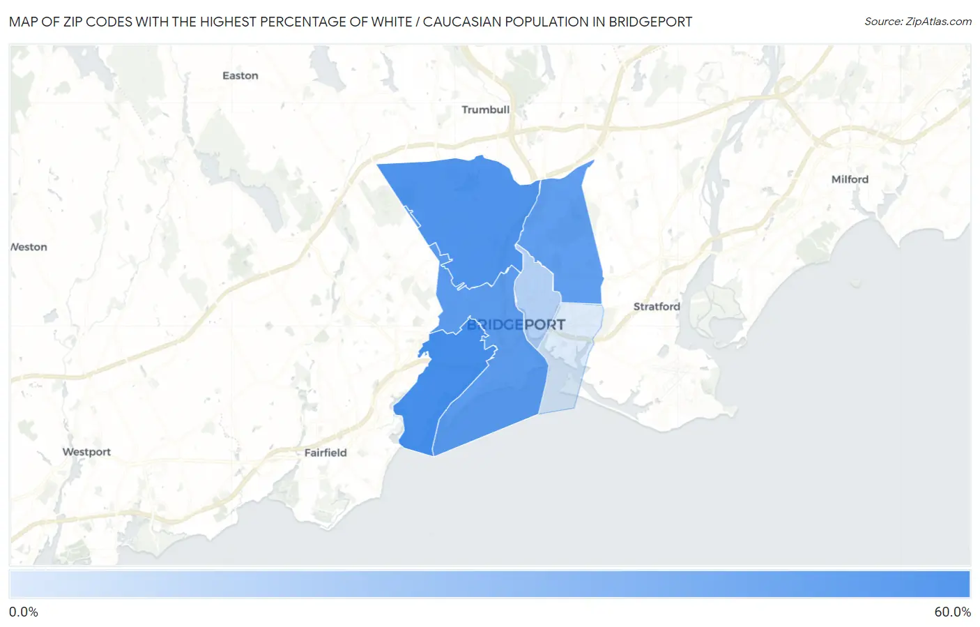Zip Codes with the Highest Percentage of White / Caucasian Population in Bridgeport Map